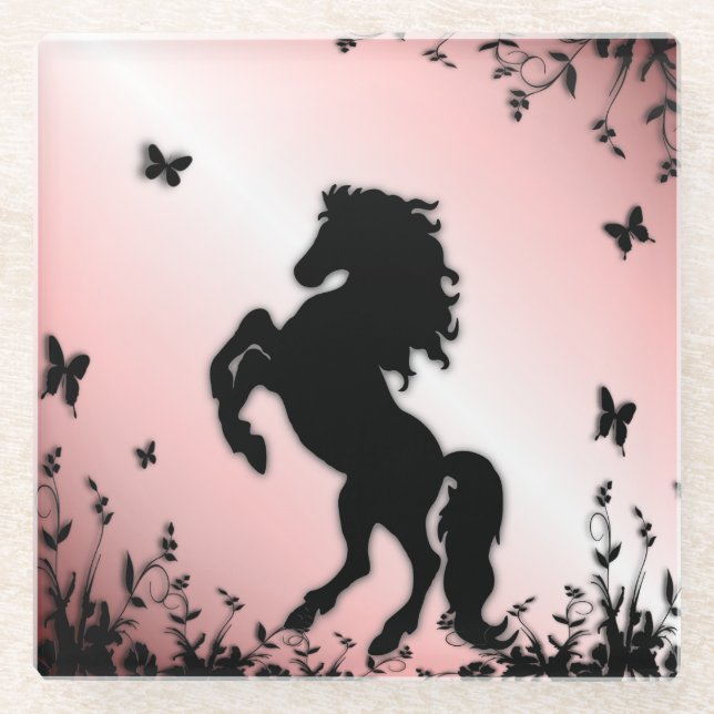 Rearing Black Stallion Pink Glass Coaster (Front)