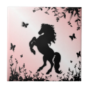 Rearing Black Stallion Pink Tile