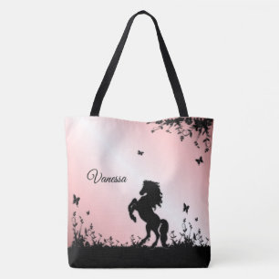 Rearing Black Stallion with Name on Pink Tote Bag