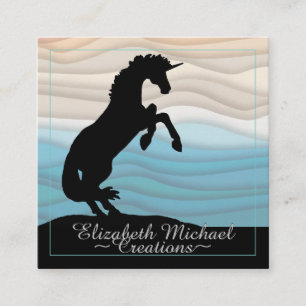 Rearing Black Unicorn (blue beige wave) Square Business Card