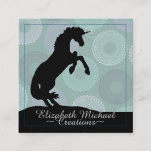 Rearing Black Unicorn (green circles) Square Business Card