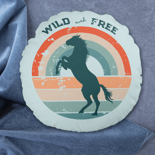 Rearing Blue Horse Retro Rainbow Wild Free Round Cushion