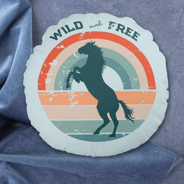 Rearing Blue Horse Retro Rainbow Wild Free Round Cushion (Creator Uploaded)
