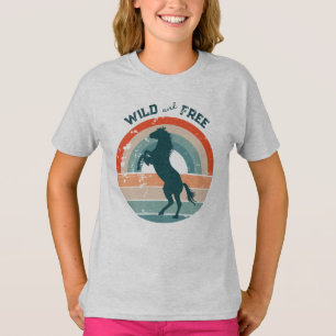 Rearing Blue Horse Retro Rainbow Wild Free T-Shirt