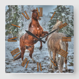 Rearing Dun & Palomino Winter Horses Equine photo Square Wall Clock