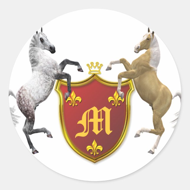 Rearing horses with a heraldic shield, monogrammed classic round sticker (Front)