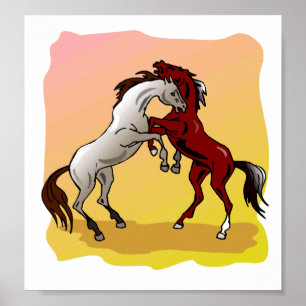 Rearing Stallion Battle Colourful Horses Equine Poster