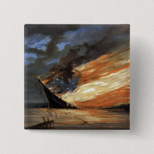Rebel Civil War flagship on Fire of American flag 15 Cm Square Badge