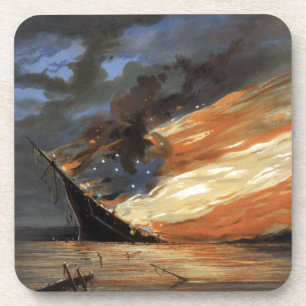 Rebel Civil War flagship on Fire of American flag Coaster