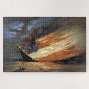 Rebel Civil War flagship on Fire of American flag Jigsaw Puzzle