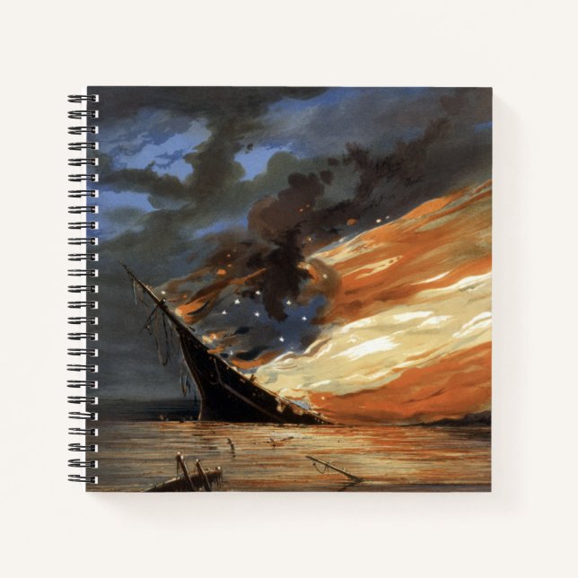 Rebel Civil War flagship on Fire of American flag  Notebook (Front)