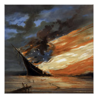 Rebel Civil War flagship on Fire of American flag 