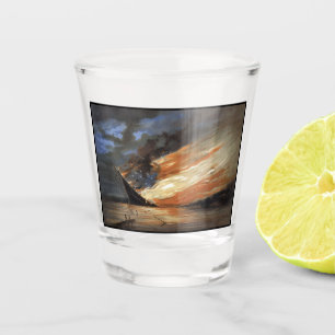Rebel Civil War flagship on Fire of American flag  Shot Glass