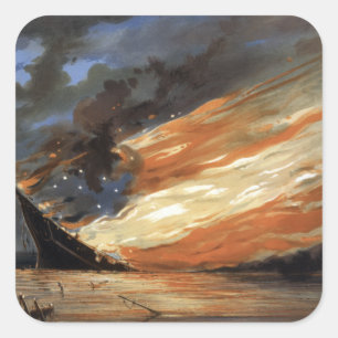Rebel Civil War flagship on Fire of American flag Square Sticker