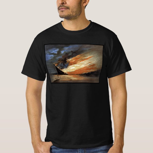 Rebel Civil War flagship on Fire of American flag  T-Shirt (Front)