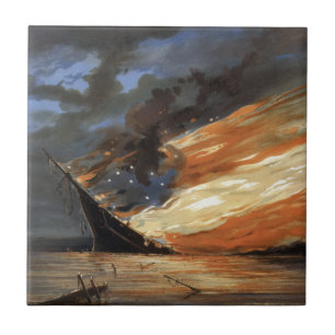 Rebel Civil War flagship on Fire of American flag  Tile