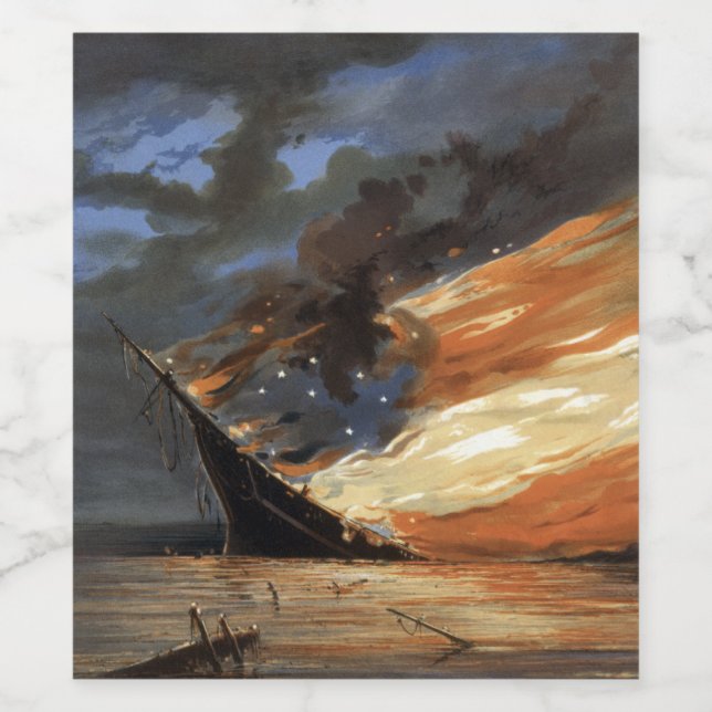 Rebel Civil War flagship on Fire of American flag  Wine Label (Single Label)