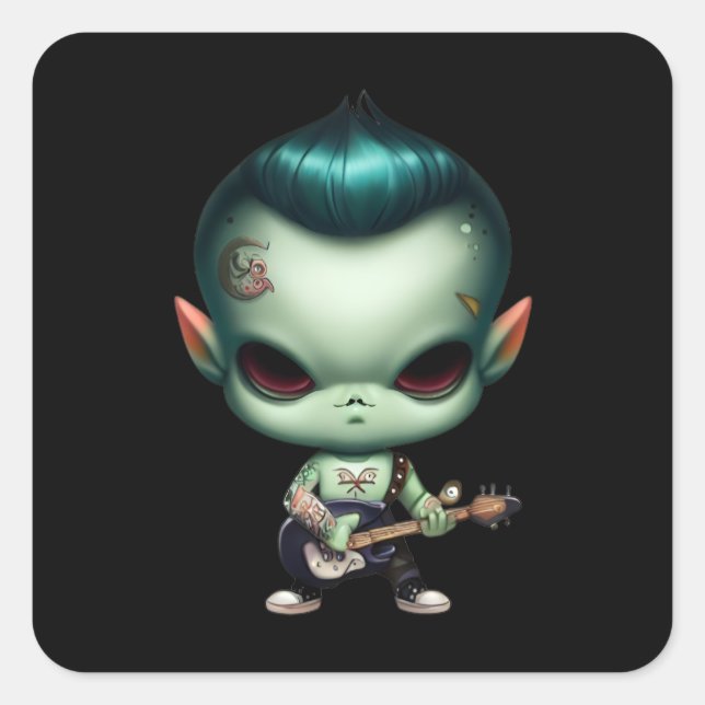 Rebel Green Alien Rockstar Square Sticker (Front)