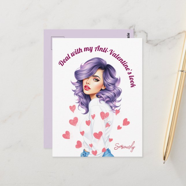 Rebel purple hair beauty`s Anti-Valentine Postcard (Front/Back In Situ)