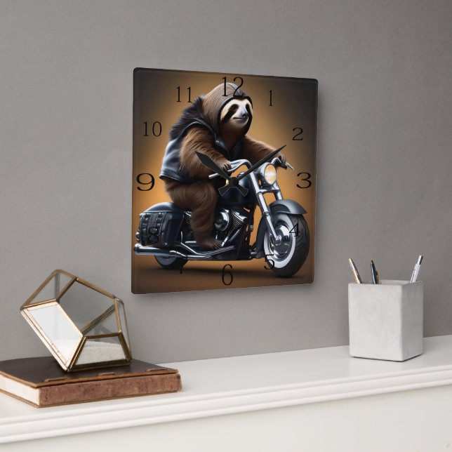 Rebel Sloth: A Leather-Clad Sloth Riding Motorbike Square Wall Clock (Office)
