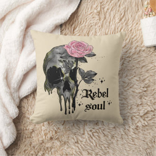 Rebel Soul - Gothic Skull with Pink Rose Cushion