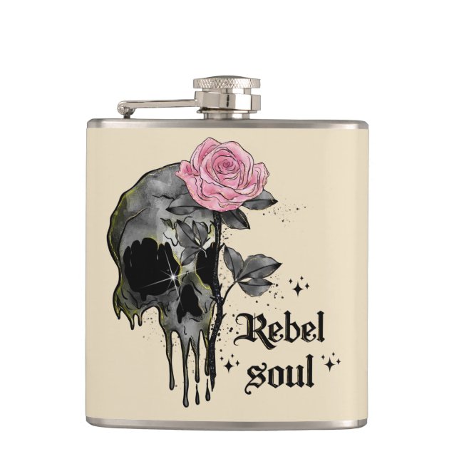 Rebel Soul - Gothic Skull with Pink Rose Hip Flask (Front)