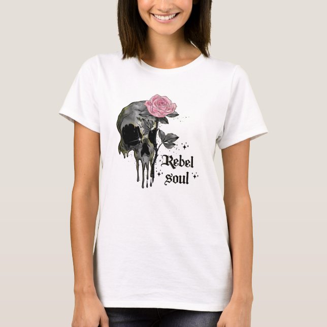 Rebel Soul - Gothic Skull with Pink Rose T-Shirt (Front)
