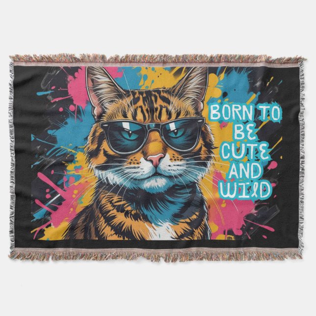 Rebel Tigrad Cat With Mob-Style and Urban Glasses Throw Blanket (Front)