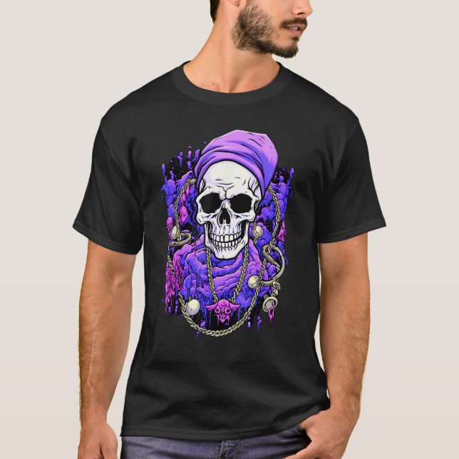 Rebellious Chains Funky Skull with Edgy Chain Acce T-Shirt (Front)