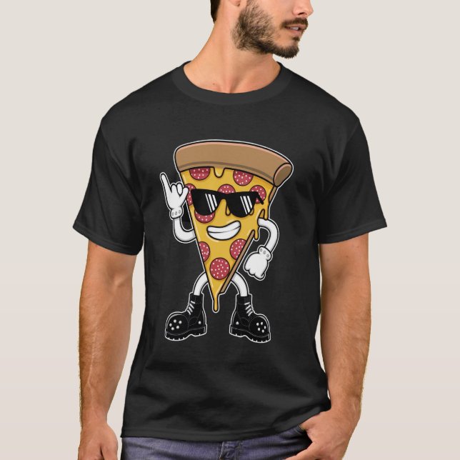 Rebellious Pizza Slice With Rock-On Gesture T-Shirt (Front)