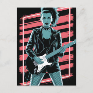 Rebellious Rock Star: Female Guitarist in Leather  Postcard