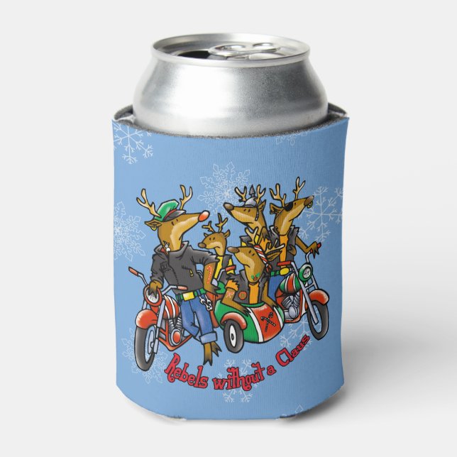 Rebels without a Claus Reindeer Holiday Cartoon Can Cooler (Can Front)