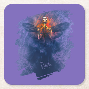 Rebirth. Skeleton with wings rising up Square Paper Coaster