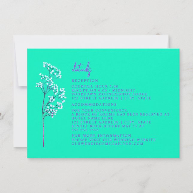 Reception Accommodation Neon Blue Wedding Details Invitation (Front)