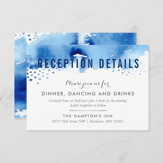 RECEPTION CARD stylish watercolor brush dark blue (Front/Back)