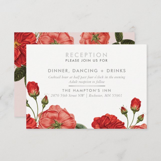 RECEPTION CARD vintage red roses floral bouquet (Front/Back)