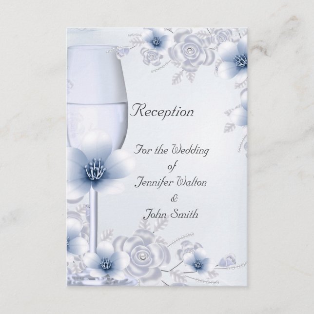 Reception Card Wedding Silver Blue Rose Blossom (Front)