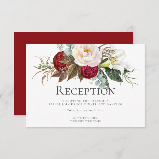 Reception | Crimson Red Ivory Peony Flowers Invitation (Front/Back)