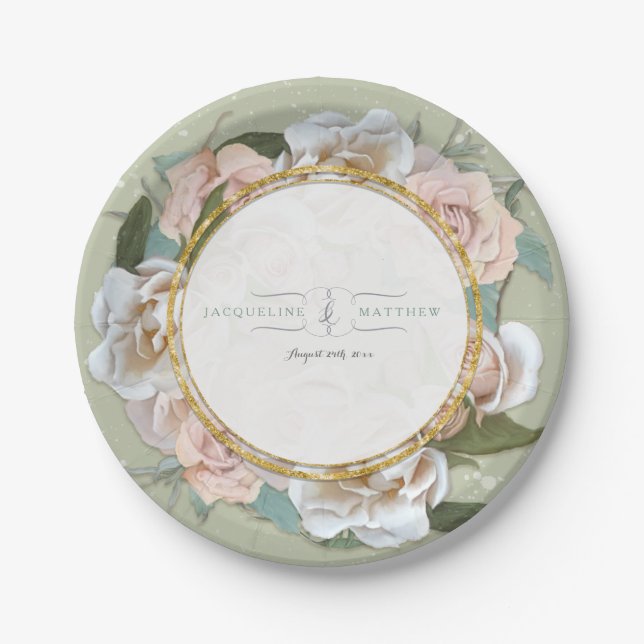 Reception Decor French Blush Rose Wreath Floral Paper Plate (Front)