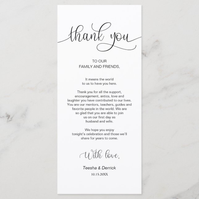 Reception Place Setting Thank You, Black Font Card (Front)
