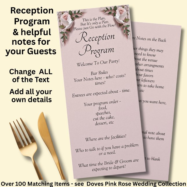 Reception Program - Pink Roses & Doves Wedding Menu (Creator Uploaded)