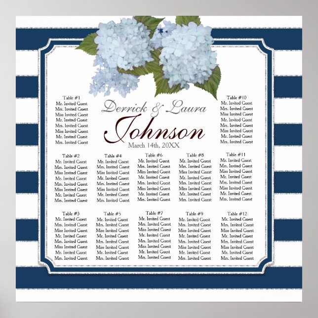 Reception Seating Chart Navy Blue Hydrangea Modern (Front)