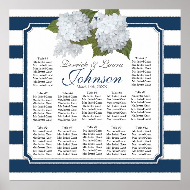 Reception Seating Chart Navy White Hydrangeas (Front)