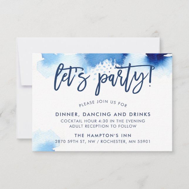 RECEPTION stylish hand lettered navy watercolor Invitation (Front)