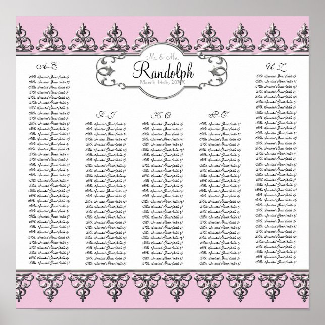 Reception Table Seating Chart Baroque Swirl Silver (Front)