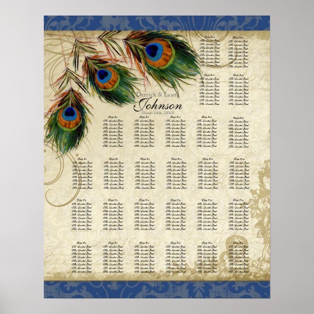 Reception Table Seating Chart, Peacock & Feathers Poster (Front)