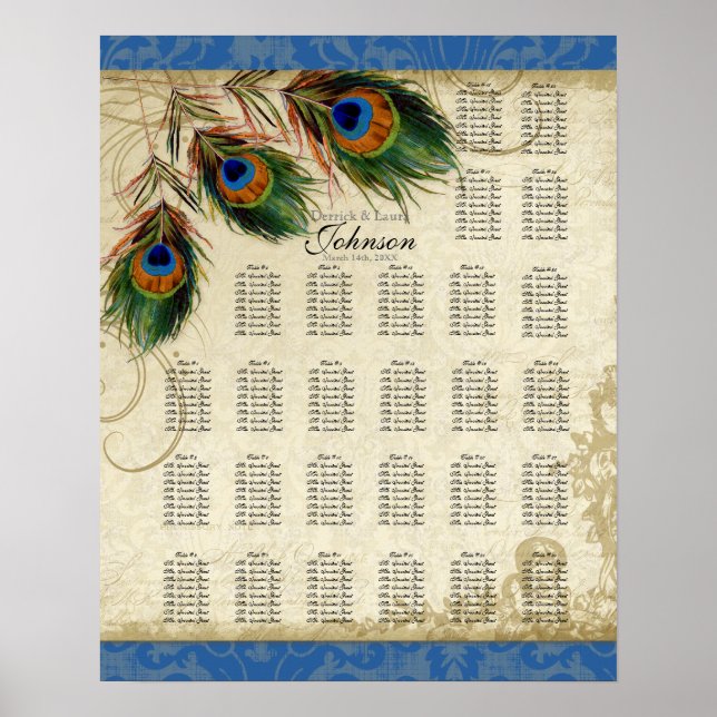 Reception Table Seating Chart, Peacock & Feathers Poster (Front)