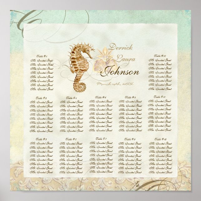 Reception Table Seating Chart, Sea Horse Coastal Poster (Front)