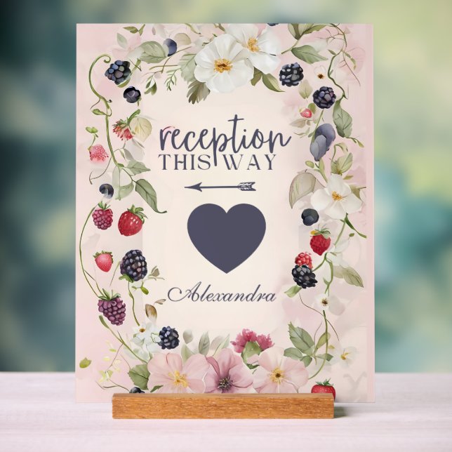 Reception This Way Floral Berry Design Acrylic Sign (Neutral)