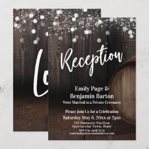 Reception Typography Rustic Wood Barrel and Lights Invitation